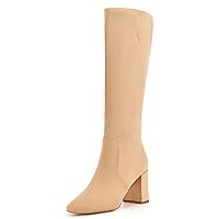 Rilista Womens Knee High Boots Block Chunky Heel Round Toe Suede Comfortable Side Zipper Winter Tall Booties