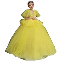 Girl's Puff Sleeves Flower Girl Dresses Tulle Layers First Communion Dresses Yellow
