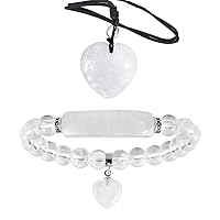 TUMBEELLUWA Healing Rock Crystal Stone Heart Charm Jewelry Set Crystal Energy Stretch Bracelet and Adjustable Carved Stone Heart Shape Pendant Necklace