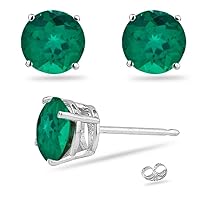 May Birthstone - Lab Created Round Russian Emerald Stud Earrings in 14K White Gold Availabe in 3mm - 8mm