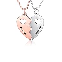 MRENITE 10K 14K 18K Gold Personalized 2Pcs Heart Couple Necklaces for Him and Her Custom Engraved Names 2Pcs Matching Heart Pendant Anniversary Jewelry Gift