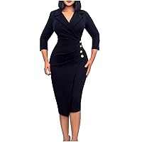2022 Women's Bodycon Wrap Work Dresses for Office Professional Business Casual Long Sleeve Button Midi Pencil Dress