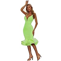 Women's Deep V Neck Mermaid Satin Spaghetti Straps Prom Dress Sleeveless Long Evening Dresses Light Green