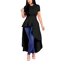 Lrady Womens Casual Shirt Dress High Low Irregular Ruffle Hem Blouse Asymmetrical Peplum Long Tunic Tops