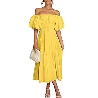 LILLUSORY Off The Shoulder Dresses for Women 2023 Spring Puff Sleeve Summer Flowy Smocked Dress