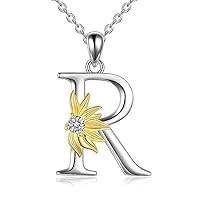 R alphabet Script Name Pendant Necklace for Women Girls Boys Sterling Silver Initial Alphabet Sunflower