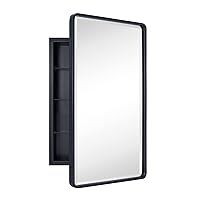 TEHOME Farmhouse Black Metal Framed Recessed Bathroom Medicine Cabinets with Mirror Rounded Rectangle Medicine Cabinet with BeveledMirros,16.5x27.5''