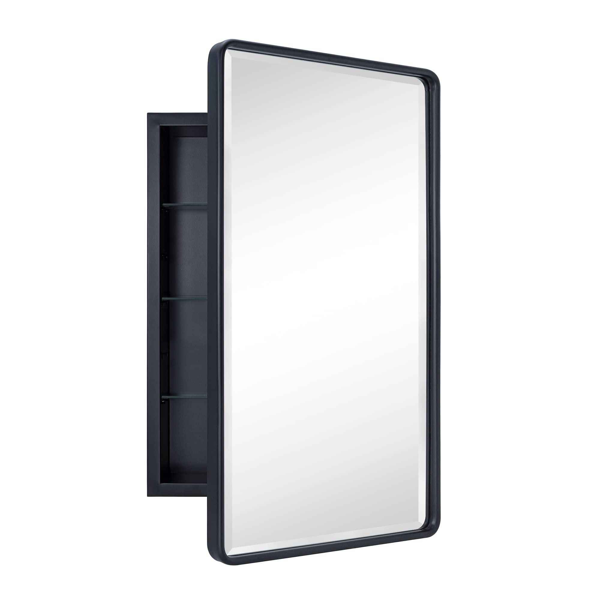 TEHOME Farmhouse Black Metal Framed Recessed Bathroom Medicine Cabinets with Mirror Rounded Rectangle Tilting Beveled Vanity Mirros for Wall 16.5x27.5''