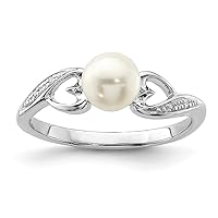 925 Sterling Silver Polished Rhodium Plated Diamond and Freshwater Cultured Pearl Ring Jewelry for Women - Ring Size Options: 6 7 8 9