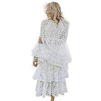 Runway Autumn Lace Cake Party Dress Women's O Neck Flare Sleeve Hollow Out White Cascading Ruffles Long