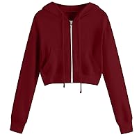 Women's Long Sleeve Drawstring Full Zip Hooded Jacket Crop Sweatshirts Casual Workout Solid Hoodies with Pockets