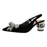 FSJ Women Slingback Rhinestone Bow Pumps Closed Pointed Toe Crystal Block Low Heel Slip On Wedding Bridal Dress Shoes Size 4-16 US