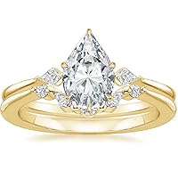 Moissanite Engagement Ring Set, 4 Pear Stones, Yellow Gold Band, Bridal