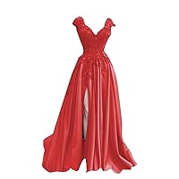 V Neck Cap Short Sleeve Prom Evening Dresses with Lace Applique High Side Slit Aline 2024
