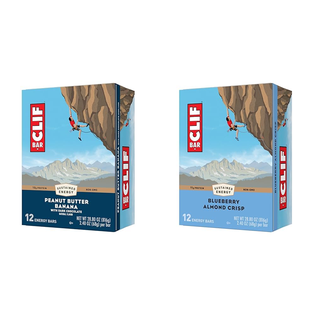 CLIF BAR - Peanut Butter Banana with Dark Chocolate Flavor & - Blueberry Almond Crisp - Made with Organic Oats - Non-GMO - Plant Based - Energy Bars - 2.4 oz. (12 Pack)