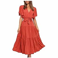 Midi Dress for Women Summer Casual V Neck Wrap Ruffle Short Sleeve Belted Flowy Tiered Dress A Line Beach Sun Dresses