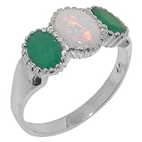 14k White Gold Natural Opal & Emerald Womens Trilogy Ring - Sizes 4 to 12 Available