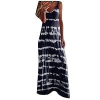 Women's Bohemian Round Neck Casual Summer Sleeveless Long Floor Maxi Print Flowy Swing Beach Ombre Tie Dye Color Block