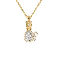 VVS Cat Design Pendant in 18K White/Yellow/Rose Gold with 0.19 Ct Round Natural & 1.81 Ct Pear Moissanite Solitaire Diamond & 18k Gold Chain Necklace for Women | Animal Lover Pendant for Wife, Sister