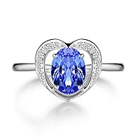 14K White Gold Heart Shape Oval Cut Genuine Tanzanite Ring Band with Diamond Accent for Women