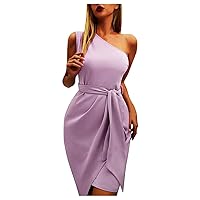 Cocktail Dresses for Women Sexy One Shoulder Midi Dress Sleeveless Belted Dress Bodycon Formal Wedding Guest Dresses