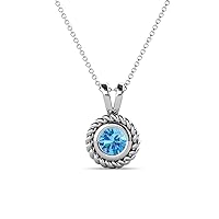 Round Blue Topaz 1/2 ct Womens Rope Edge Bezel Set Solitaire Pendant Necklace 16 Inches 925 Sterling Silver Chain