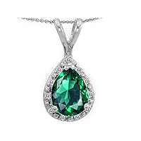 Tommaso Design Pear Shape Simulated Emerald Pendant Necklace 14 kt White Gold (0.10 cttw)