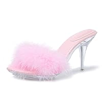Women's Fuzzy Slippers Clear Heels Pointed Toe Stilettos Heels Mules Sandals Fluffy Feather Slip On High Heeled Party Prom Dresses Shoes