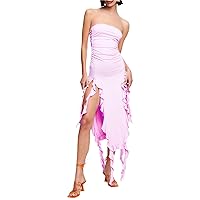 Women Y2k Strapless Bodycon Dress Summer Irregular Tassel Split Ruched Long Dress Sexy Tube Dress for Party Club