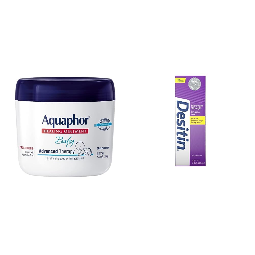 Aquaphor Baby Healing Ointment Advanced Therapy Skin Protectant, 14 Oz Jar & Desitin Maximum Strength Baby Diaper Rash Cream with 40% Zinc Oxide, 4.8 oz