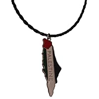Palestine Metal Map Flag with Palestine word in English & black Leather Necklace