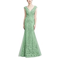 Women's V Neck Mermaid Beaded Lace Prom Dress Applique Backless Formal Evening Gowns
