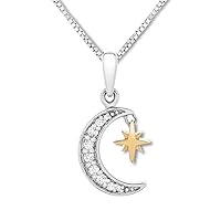 Moon with Star Pendant Necklace 14k Two Tone Gold Finish Created Diamond Accent