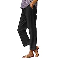Linen Pants Women,Women's Summer Fashion Solid Color Loose Fit Elastic Waist Straight Casual Linen Pants
