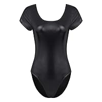Women Shiny Patent Reflective One-Piece Gymnastics Leotard Bodysuit for Stage Performance Ballet Dancewear Black M