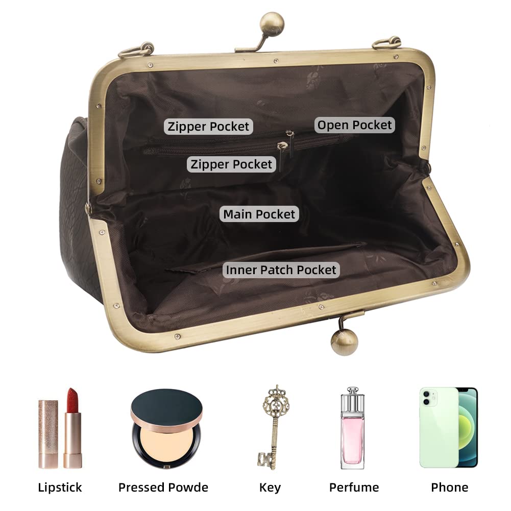 ROUROU Retro Hollow Handbag for Women Leather Shoulder Bag Evening Clutch Bag Kiss Lock Closure Crossbody Bag Purse