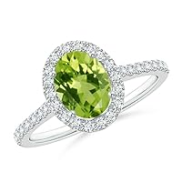 Peridot Oval 7x5mm Holo Accents Ring | Sterling Silver 925 With Rhodium Plated | Evergreen Holo Accent Design Ring For Girls And Woman's