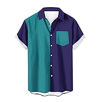 Mens Hawaiian Shirts 2023 Fashion Color Blocking Printed Short Sleeve Turndown Collar Pocket Loose Button Down Shirt