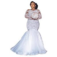 Sequins Long Sleeves Bridal Ball Gowns with Train Lace Mermaid Wedding Dresses for Bride 2022 Plus Size