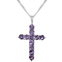 925 Sterling Silver Natural Amethyst Womens Cross Pendant & Chain - Choice of Chain lengths