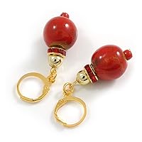 Red Round Ceramic Bead with Red Crystal Ring Drop Earrings in Gold Tone - 45mm L