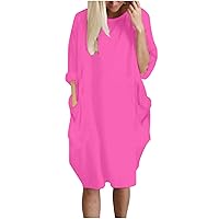 Plus Size Bagggy Tshirt Dresses for Women Summer Casual Loose Rolled Sleeve Knee Dress Solid Color Pockets Dress