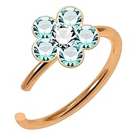 Multi Crystal Stone Flower Top 20 Gauge Rose Gold Plated 925 Sterling Silver Open Hoop Nose Piercing Ring Body Jewelry