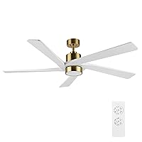 WINGBO 64 Inch DC Ceiling Fan with Lights and Remote Control, 5 Reversible Carved Wood Blades, 6-Speed Noiseless DC Motor, Modern Ceiling Fan in Brass Finish with White Blades, ETL Listed