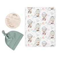 Newborn Swaddle Blanket 3 Pcs Set, Floral Print Super Soft Receiving Blanket with Matching Beanie, Wooden Birth Announcement Card for Infant Boys and Girls, Hot Air Balloon