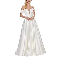 White Wedding Dress Ball Gowns Off Shoulder V-Neck Satin Dress for Wedding Guest