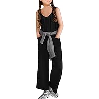 Haloumoning Girls Jumpsuit Kids Casual Sleeveless Wide Leg Long Pants Romper with Pockets 7-14 Years