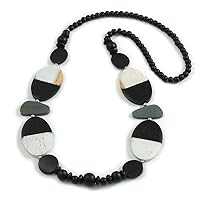 Avalaya Geometric Painted Wooden Bead Long Necklace White, Black, Grey - 90cm Long