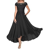 Lace Appliques Mother of The Bride Dresses for Wedding Tea Length Chiffon Short Sleeve Formal Evening Gowns with Pockets