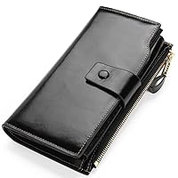 Anti -Magnetic Leather Retro Oil Leather Wallet Women's Long Card Position Zipper Buckle Ladies Holding Bags Handbags (Color : Black)
